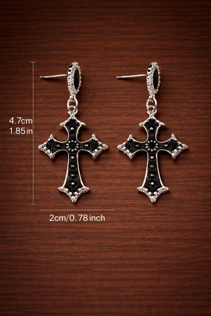 Gothic Black Cross Drop Earrings, Stainless Steel, Cubic Zirconia, Statement Jewelry
