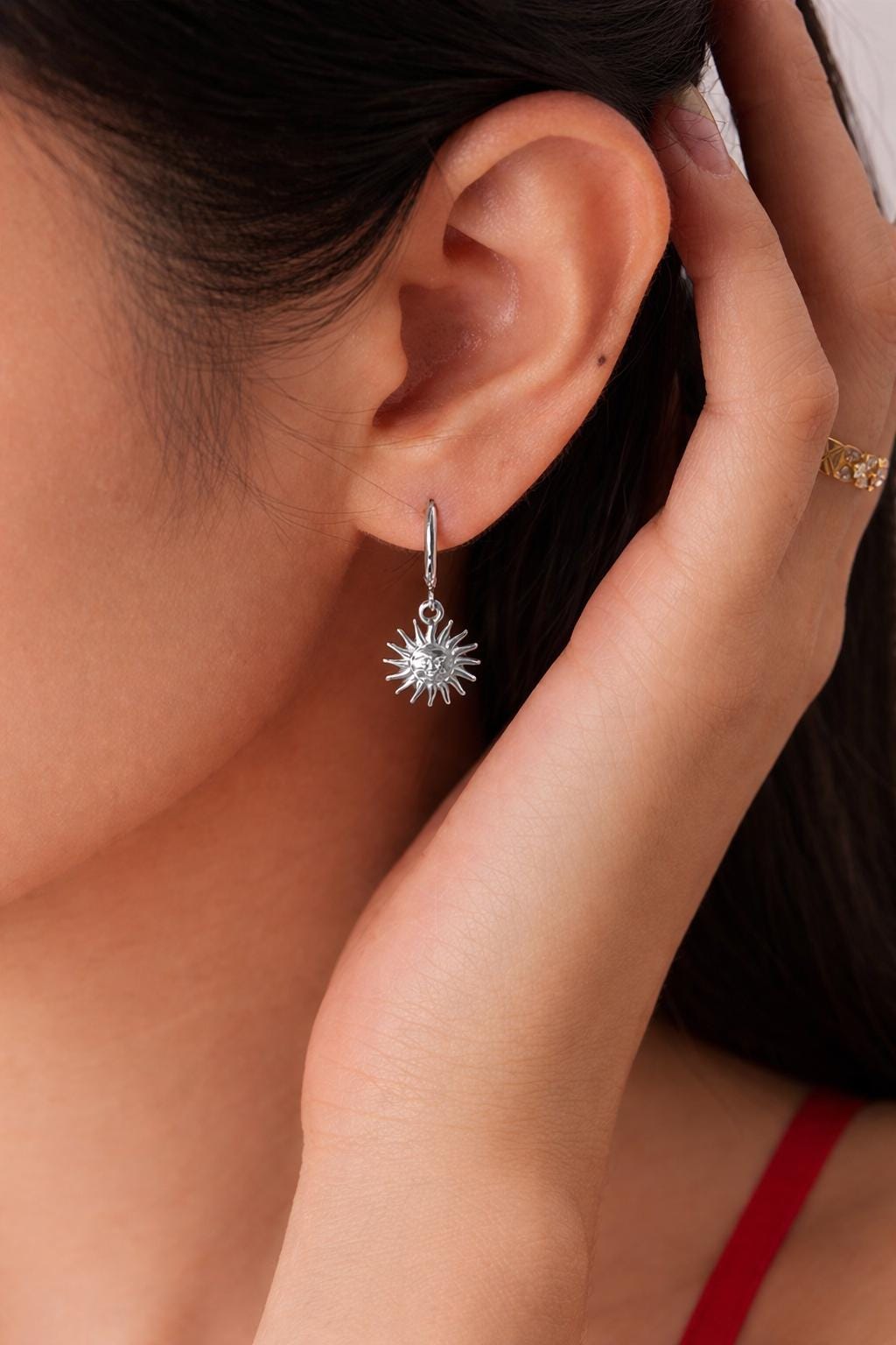 Gold Sun Hoop Earrings, Stainless Steel Dangle, Waterproof Non-Tarnish Jewelry