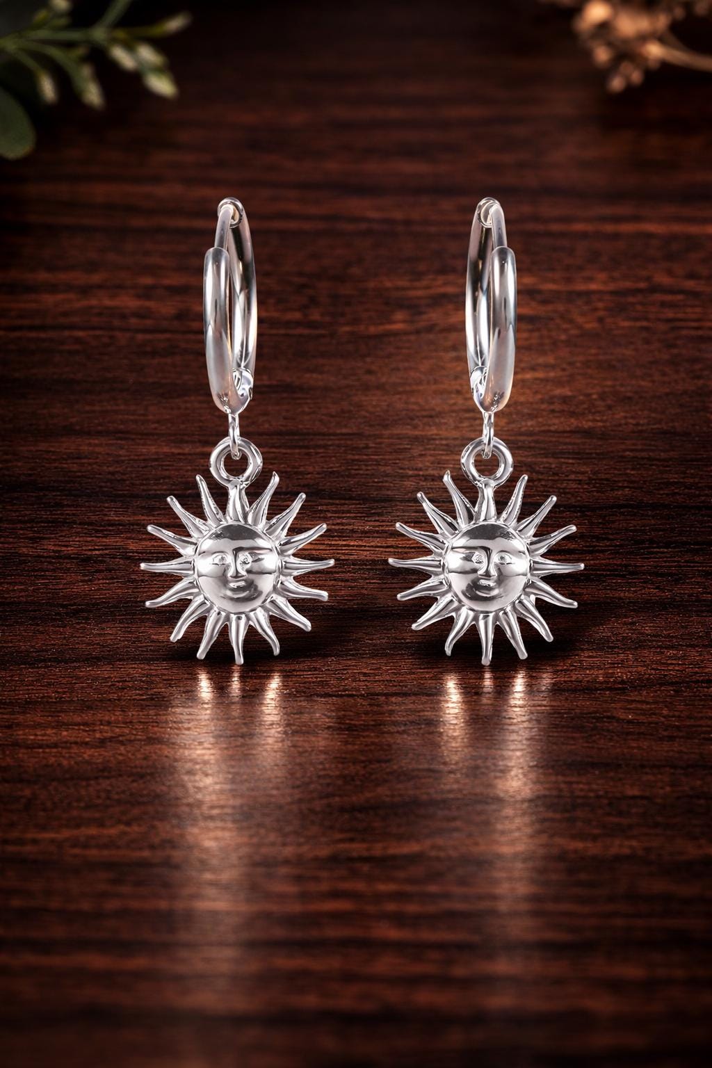 Gold Sun Hoop Earrings, Stainless Steel Dangle, Waterproof Non-Tarnish Jewelry
