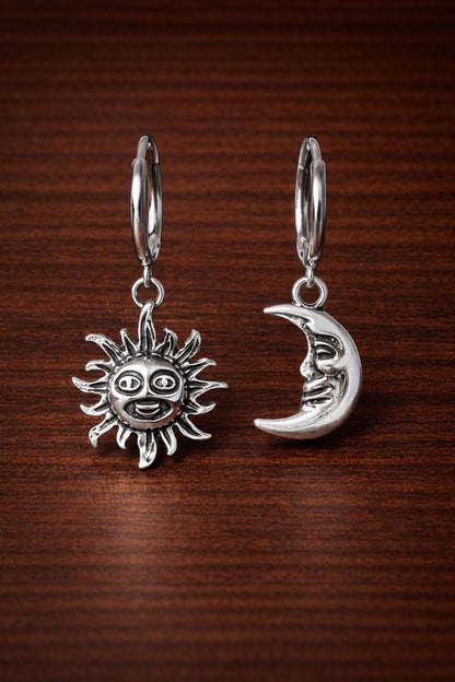 Boho Sun Moon Face Dangle Hoop Earrings, Vintage Celestial Statement Jewelry