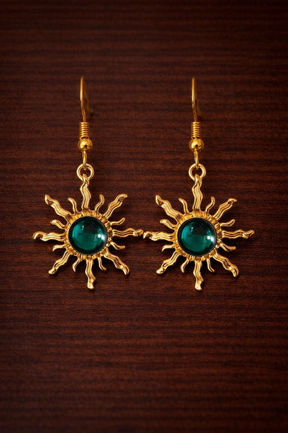 Boho Baroque Sunflower Dangle Earrings, Gold Plated Faux Jade Sunburst Jewelry