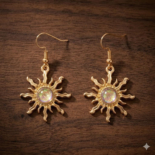 Fairycore Sun Dangle Earrings, Gold Green Celestial Jewelry, Vintage Style Hook Backs