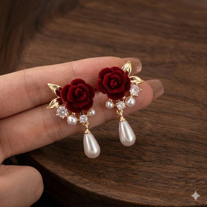 Wine Red Rose Pearl Drop Earrings, Vintage Gold Floral Dangle, Wedding Party Jewelry