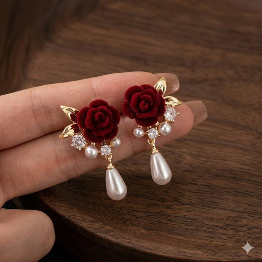 Wine Red Rose Pearl Drop Earrings, Vintage Gold Floral Dangle, Wedding Party Jewelry