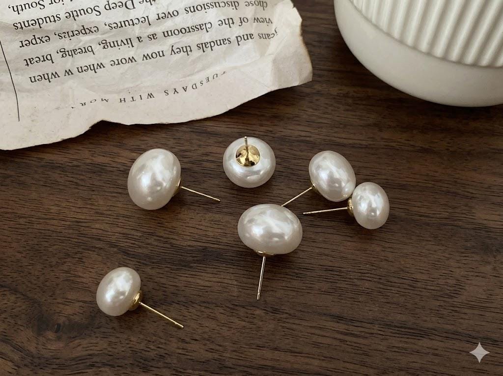 Large Flat Faux Pearl Stud Earrings, High Glossy, Hypoallergenic, Minimalist Elegant Jewelry for Women