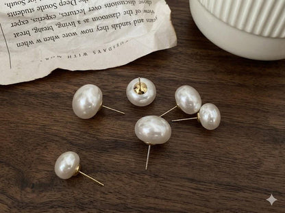 Large Flat Faux Pearl Stud Earrings, High Glossy, Hypoallergenic, Minimalist Elegant Jewelry for Women