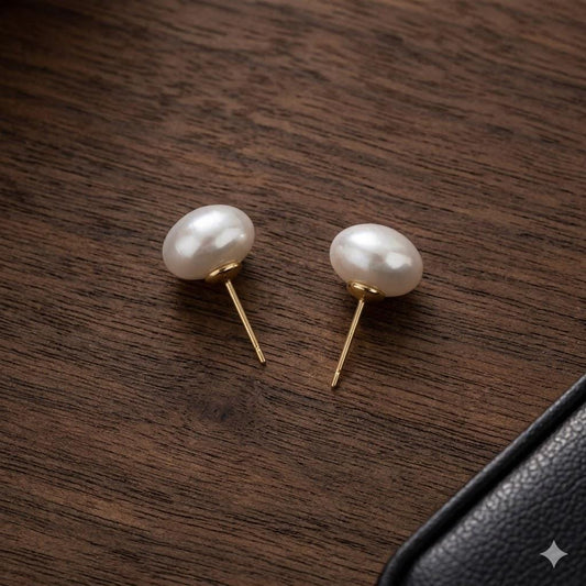Large Flat Faux Pearl Stud Earrings, High Glossy, Hypoallergenic, Minimalist Elegant Jewelry for Women