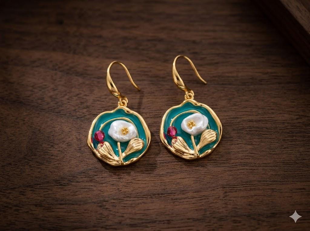 Monet Garden Floral Pearl Earrings, Oil Painting Style, Retro Wedding Jewelry