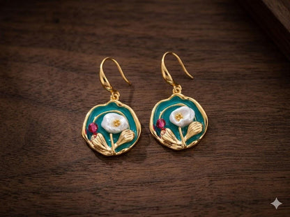 Monet Garden Floral Pearl Earrings, Oil Painting Style, Retro Wedding Jewelry