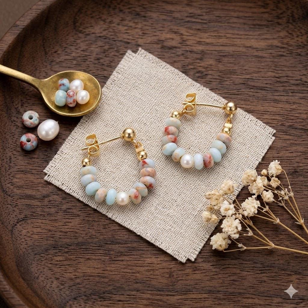 Natural Stone & Freshwater Pearl Pendant Earrings, Boho Vacation Style, Elegant Dangle Jewelry for Women