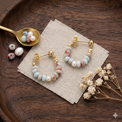 Natural Stone & Freshwater Pearl Pendant Earrings, Boho Vacation Style, Elegant Dangle Jewelry for Women