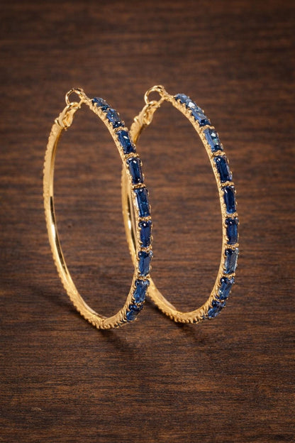 Gold Plated CZ Hoop Earrings, Red Green Black Gemstone Statement Jewelry