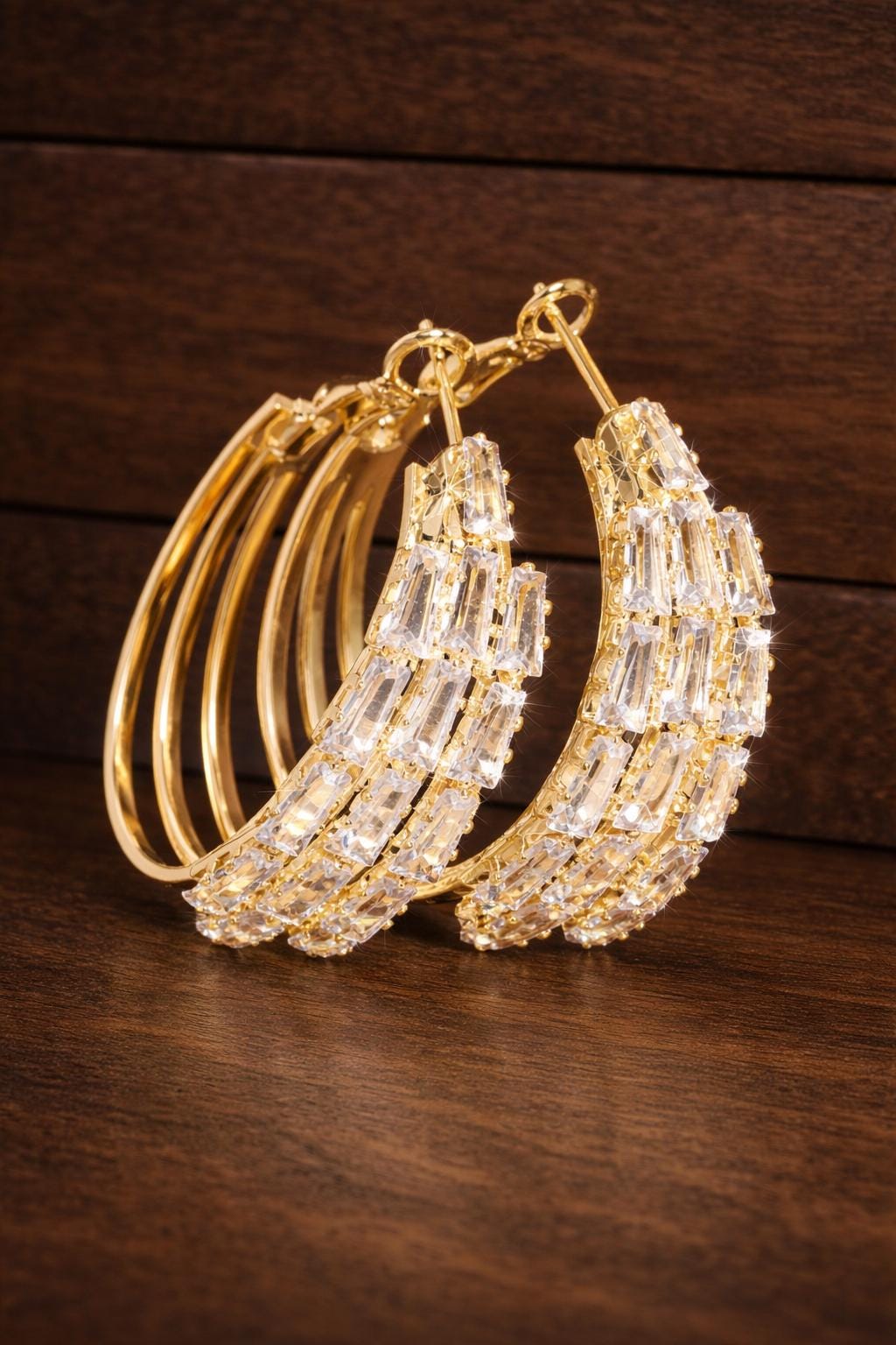 Gold Plated CZ Hoop Earrings, Red Green Black Gemstone Statement Jewelry