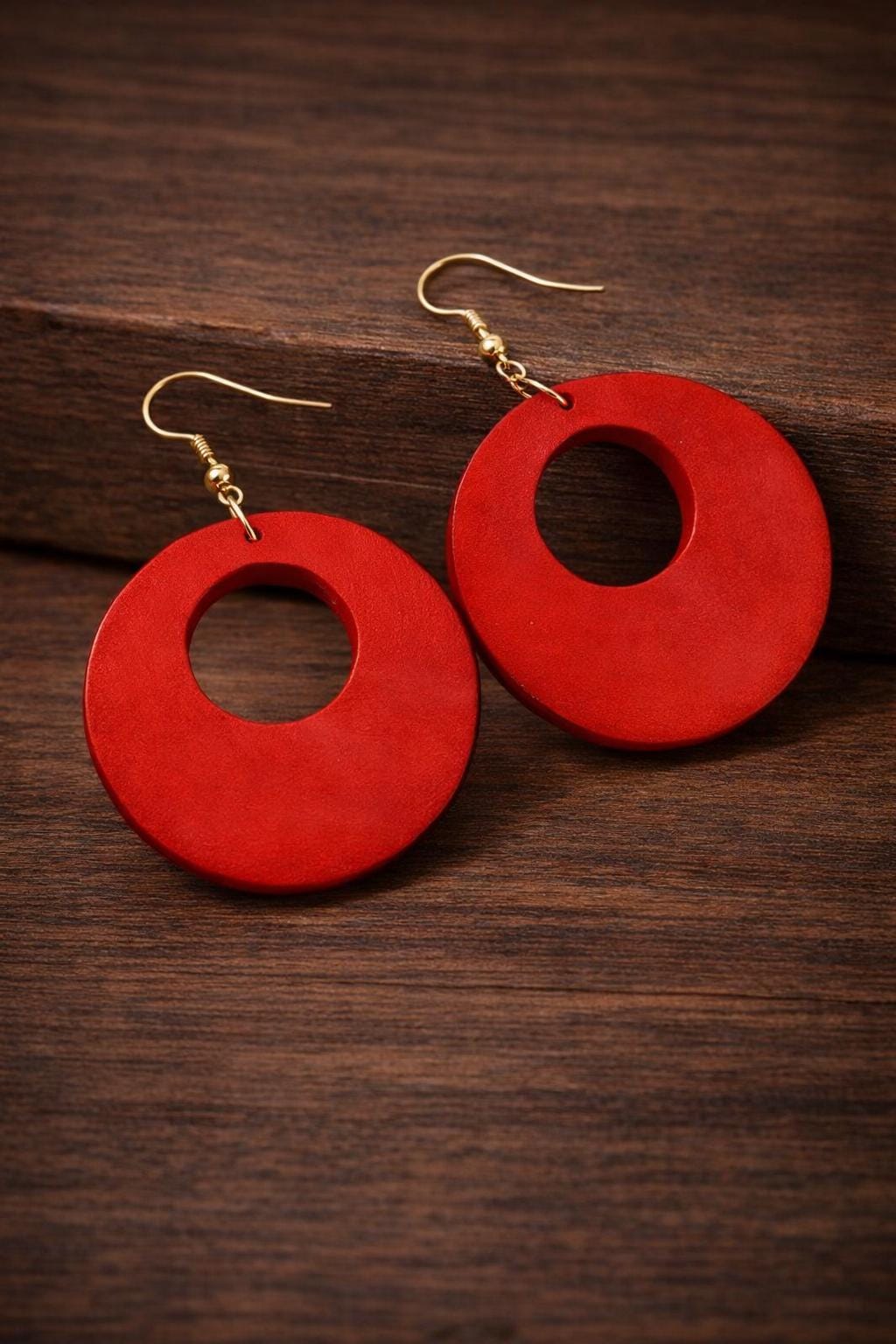 Handcrafted Vintage Hollow Wood Earrings, Boho Round Dangle Drop Style