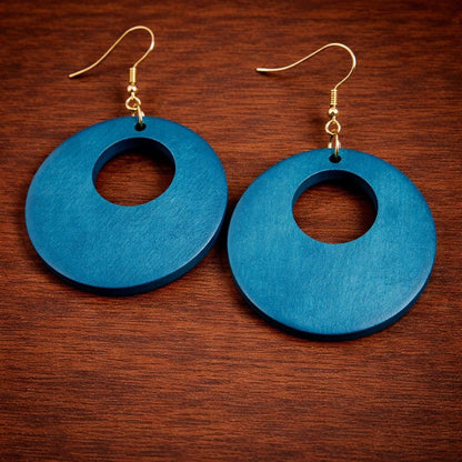Handcrafted Vintage Hollow Wood Earrings, Boho Round Dangle Drop Style