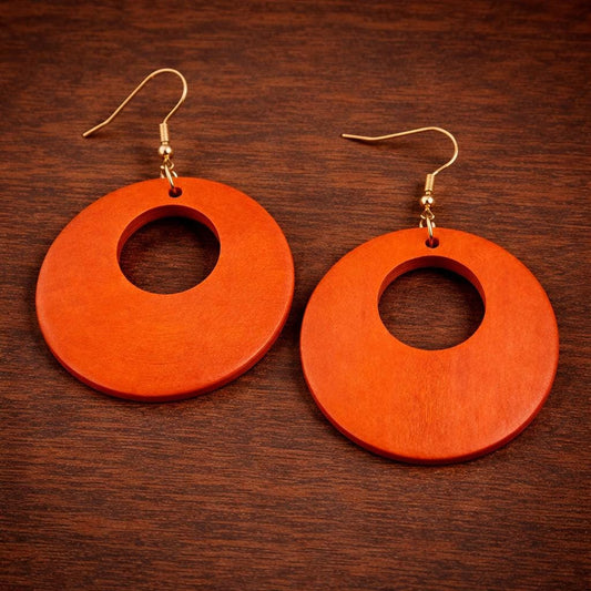 Handcrafted Vintage Hollow Wood Earrings, Boho Round Dangle Drop Style