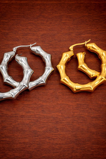 Bamboo Hoop Earrings Stainless Steel, Chunky Hollow Hoops, Minimalist Statement Earrings, Gift for Women