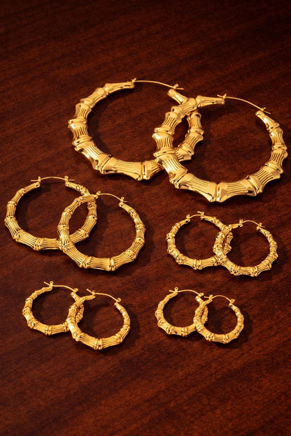 Bamboo Hoop Earrings Set, Minimalist Geometric Metal Hoops, Trendy Statement Jewelry