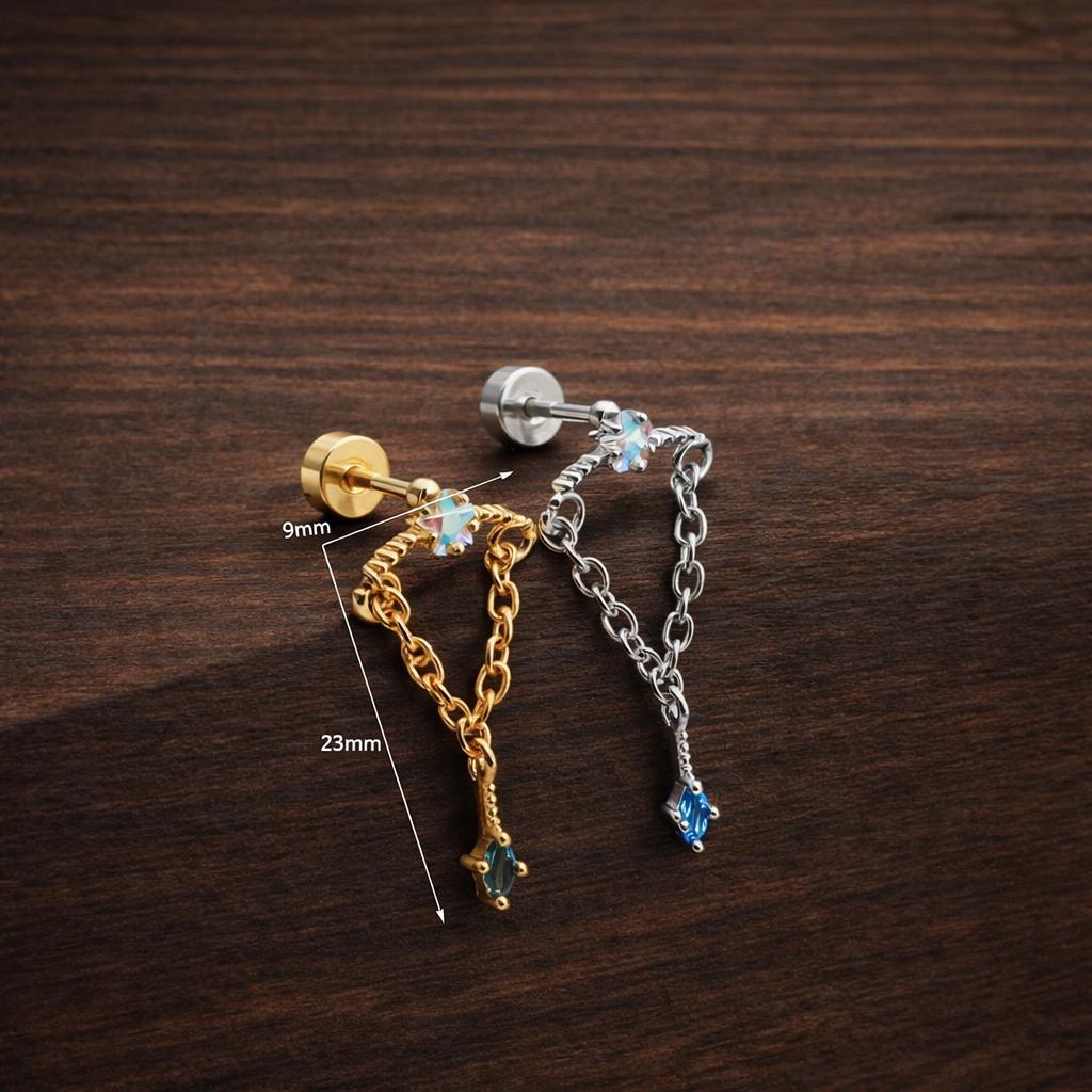 Star Zircon Chain Drop Earring, Copper Stainless Steel Helix Cartilage Piercing Jewelry