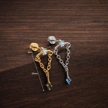 Star Zircon Chain Drop Earring, Copper Stainless Steel Helix Cartilage Piercing Jewelry