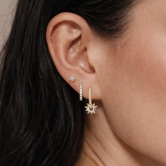 Octagonal Star Zircon Earrings Set: Gold Plated Stainless Steel Hoops & Studs
