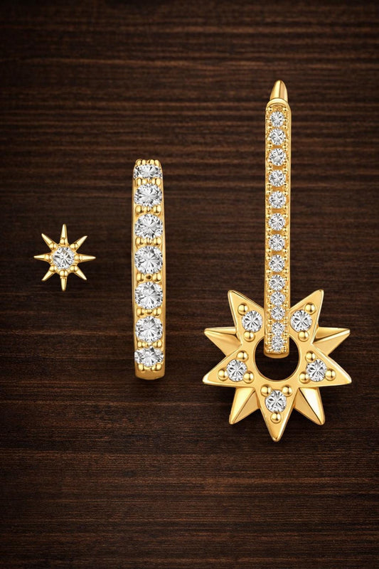 Octagonal Star Zircon Earrings Set: Gold Plated Stainless Steel Hoops & Studs