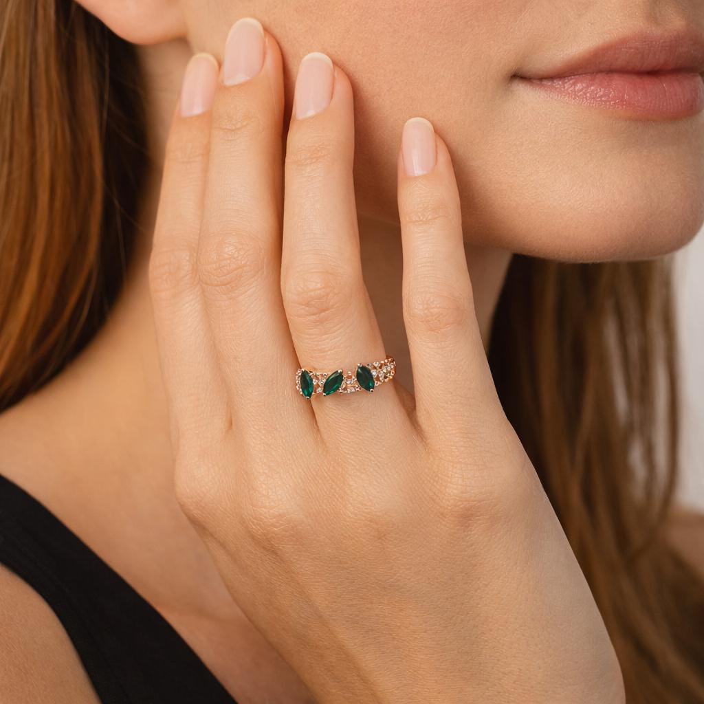 Retro Green Marquise Cut Rhinestone Ring, Silver Tone Statement Band, Vintage Wedding Jewelry