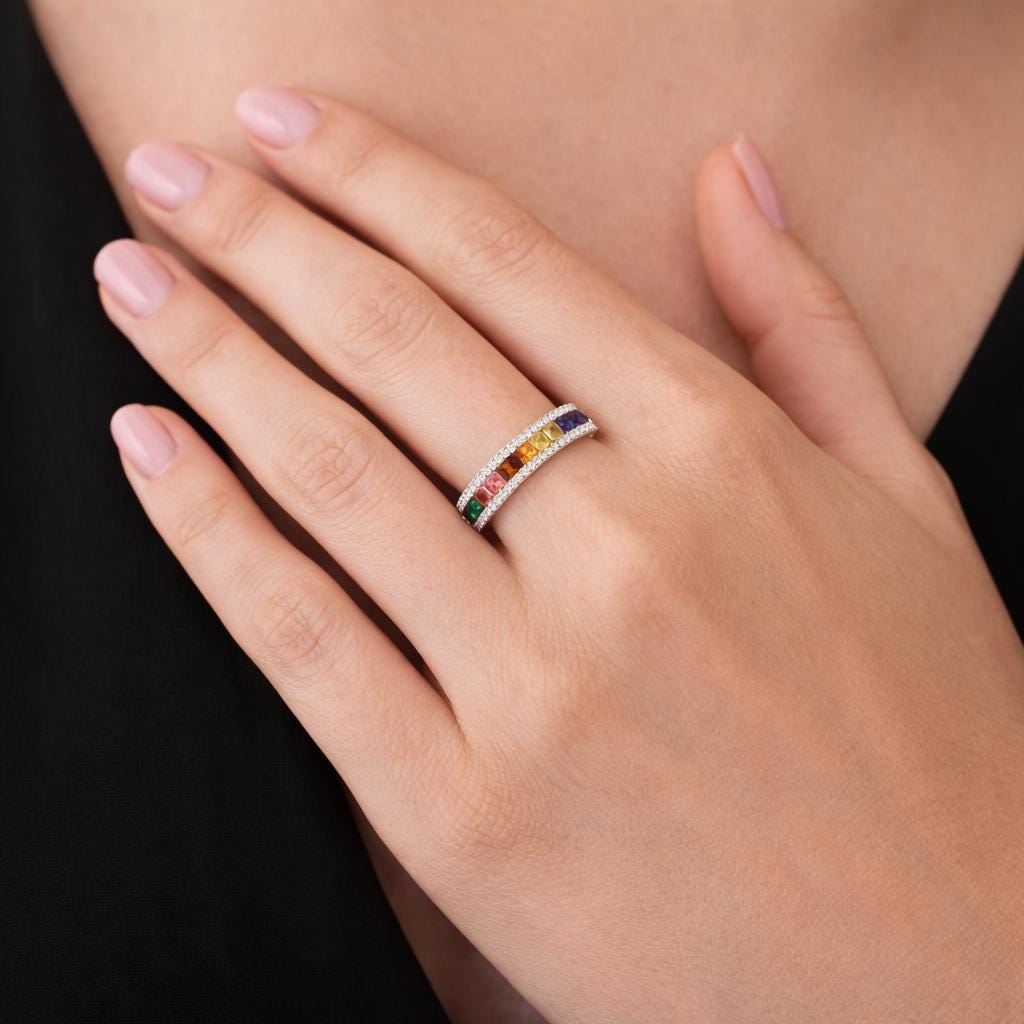 Rainbow CZ Eternity Ring, Silver Gold Color Stackable Band, Colorful Statement Jewelry