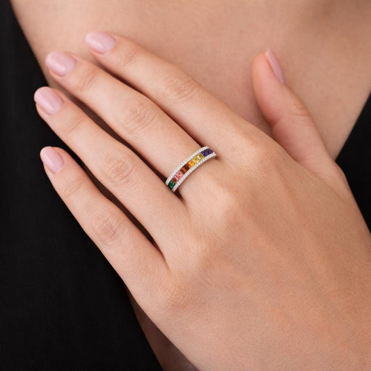 Rainbow CZ Eternity Ring, Silver Gold Color Stackable Band, Colorful Statement Jewelry