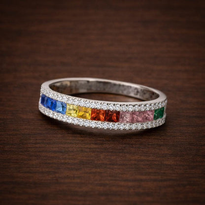 Rainbow CZ Eternity Ring, Silver Gold Color Stackable Band, Colorful Statement Jewelry