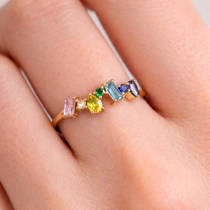 Geometric Rainbow CZ Ring, Paved Multi-Color Band, Modern Statement Jewelry