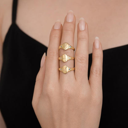 Personalized Gold Signet Ring: Custom Birthstone Letter Engraving for Couples