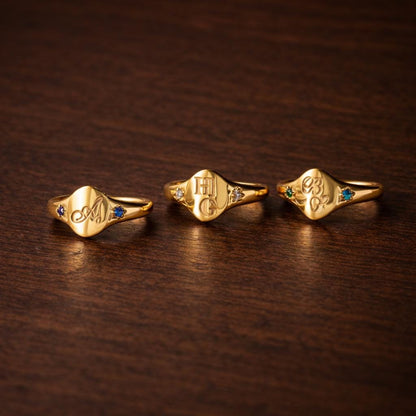 Personalized Gold Signet Ring: Custom Birthstone Letter Engraving for Couples