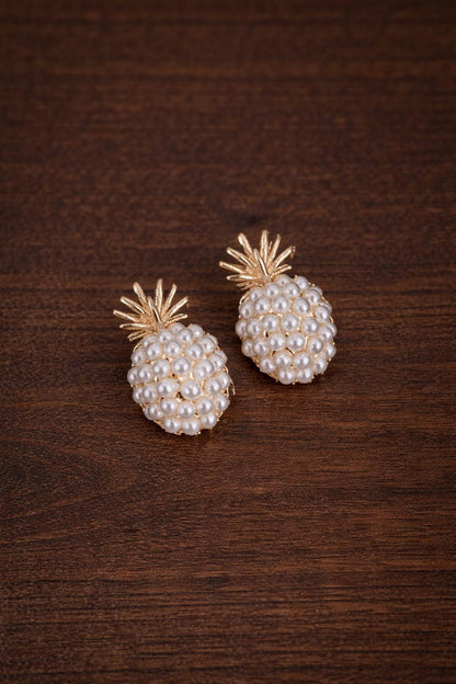 Pearl Pineapple Stud Earrings, Gold Fruit Jewelry, Elegant Women's Accessory