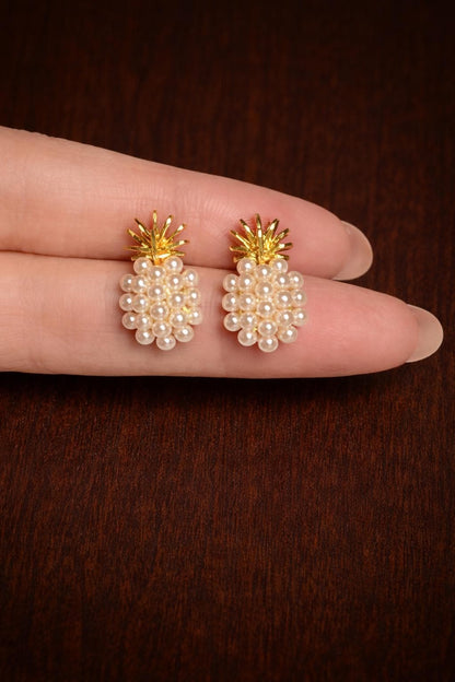 Pearl Pineapple Stud Earrings, Gold Fruit Jewelry, Elegant Women's Accessory
