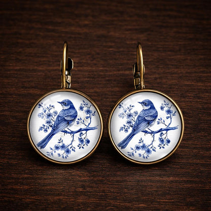 Vintage Blue Bird Dangle Earrings, Copper Glass Jewelry, Nature Inspired