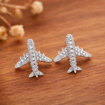 Rhinestone Airplane Stud Earrings, Silver Travel Jewelry, Aviation Inspired Studs