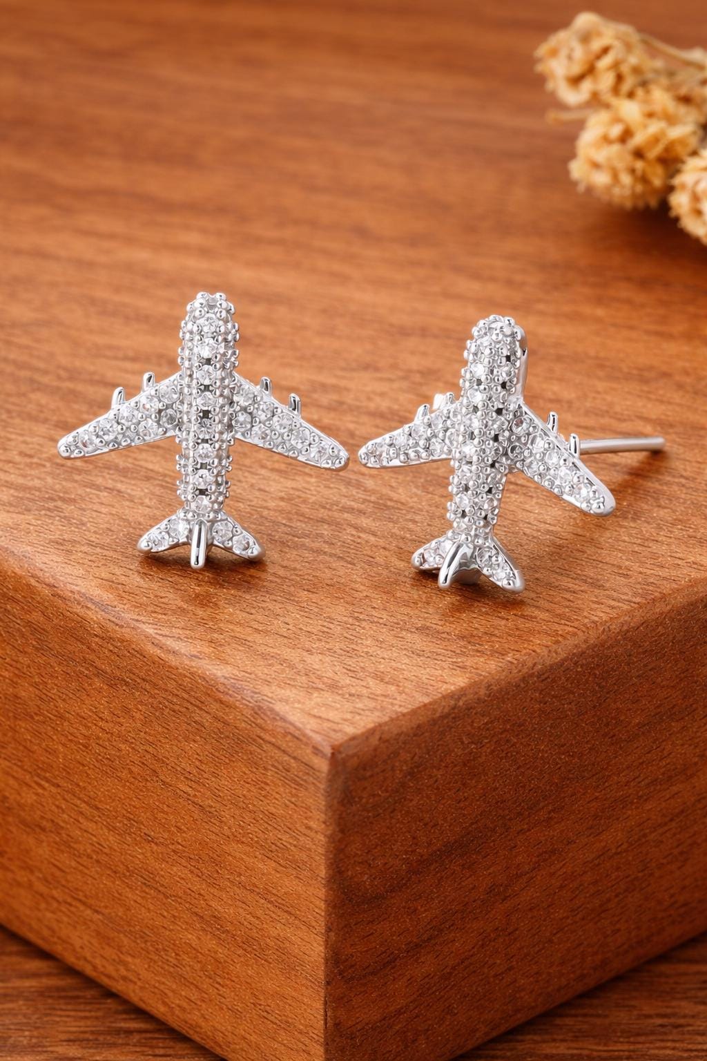 Rhinestone Airplane Stud Earrings, Silver Travel Jewelry, Aviation Inspired Studs
