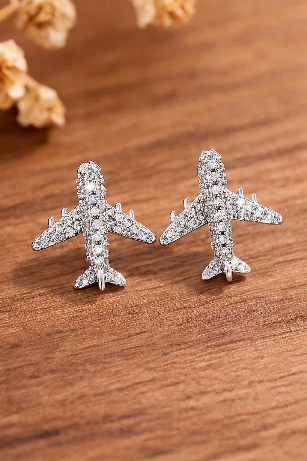 Rhinestone Airplane Stud Earrings, Silver Travel Jewelry, Aviation Inspired Studs