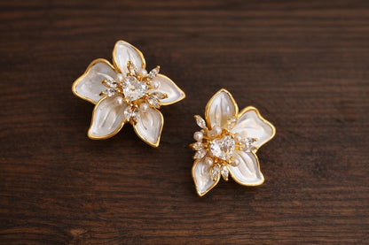 Crystal Flower Stud Earrings, Gold Pearl Petal Floral Jewelry