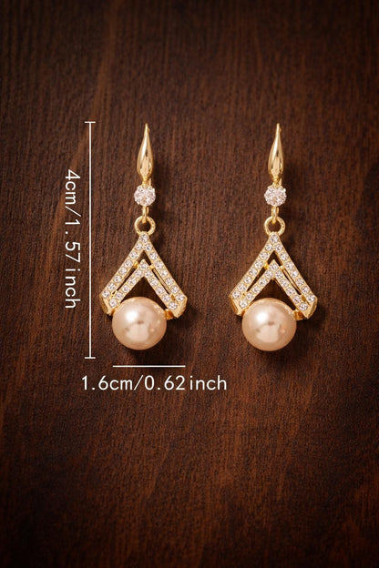 Champagne Pearl Drop Earrings, Elegant Gold Dangle, Cubic Zirconia, Wedding Jewelry