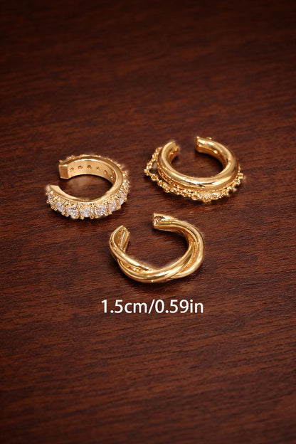 Gold CZ Ear Cuff Set, Minimalist Clip Earrings, Adjustable Cartilage Jewelry