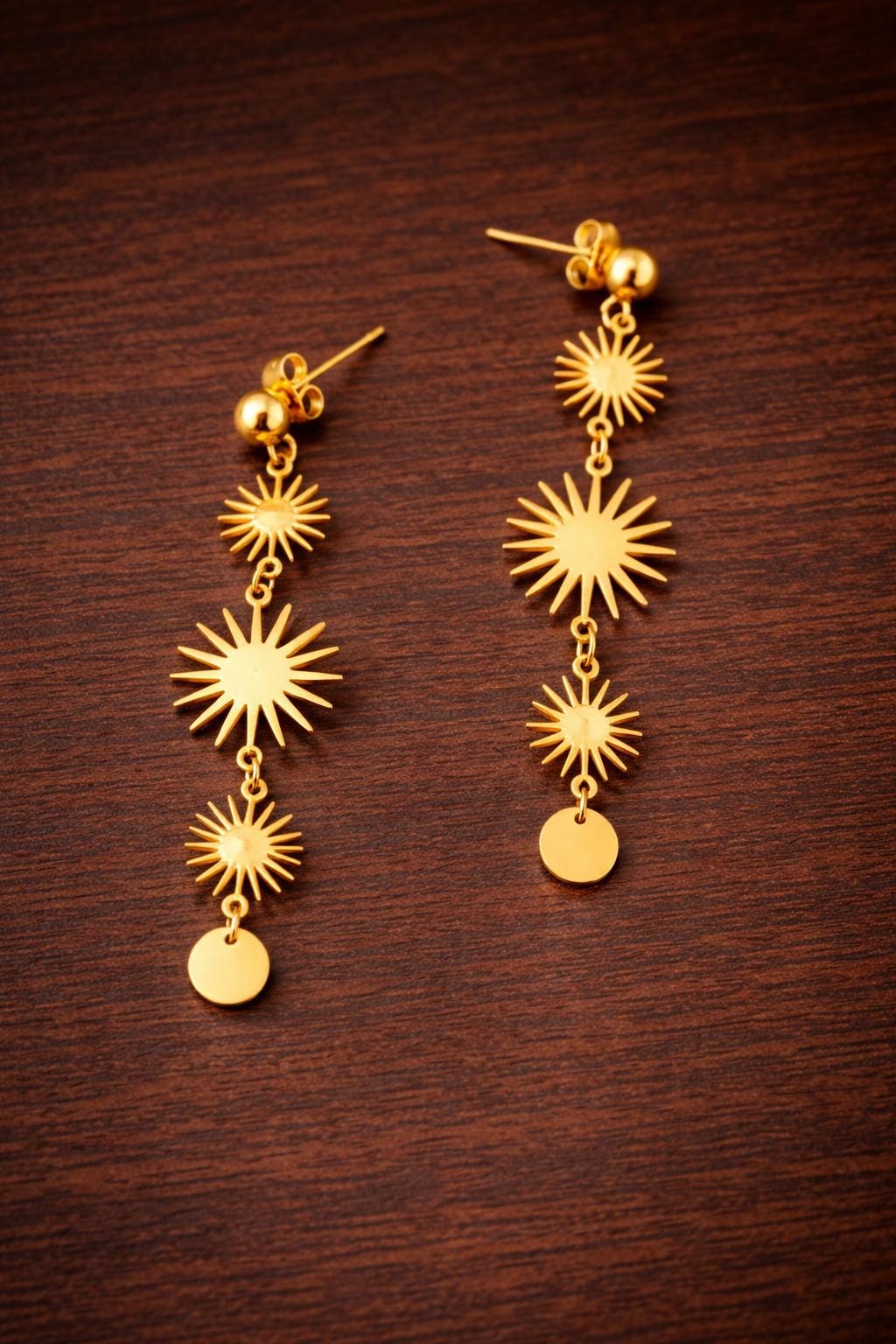 Stainless Steel Sun Dangle Earrings, Gold Starburst Drop Earrings, Vintage Long Pendant Jewelry