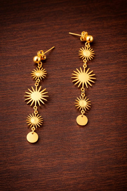 Stainless Steel Sun Dangle Earrings, Gold Starburst Drop Earrings, Vintage Long Pendant Jewelry