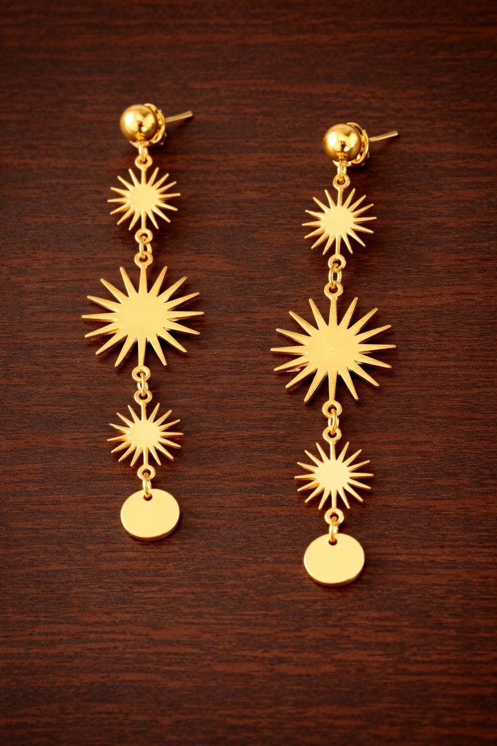 Stainless Steel Sun Dangle Earrings, Gold Starburst Drop Earrings, Vintage Long Pendant Jewelry