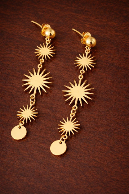 Stainless Steel Sun Dangle Earrings, Gold Starburst Drop Earrings, Vintage Long Pendant Jewelry