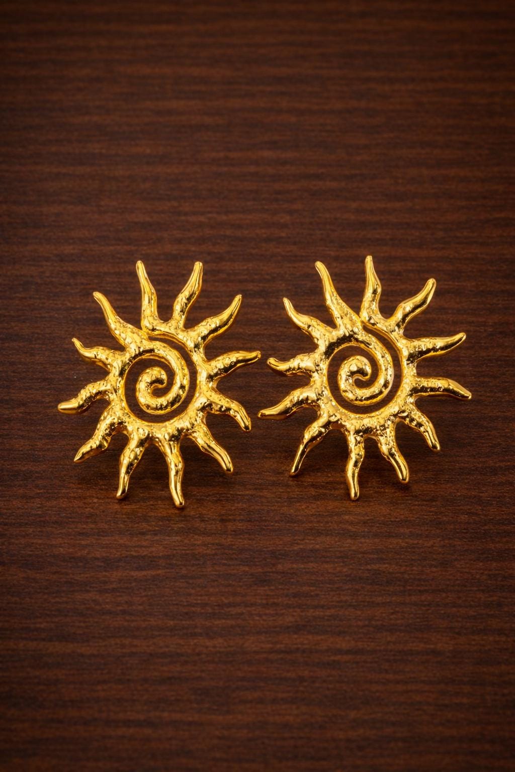 Gold Sun Vortex Stud Earrings, Minimalist Boho Stainless Steel Jewelry