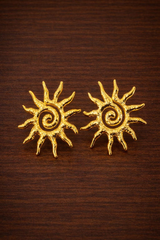 Gold Sun Vortex Stud Earrings, Minimalist Boho Stainless Steel Jewelry
