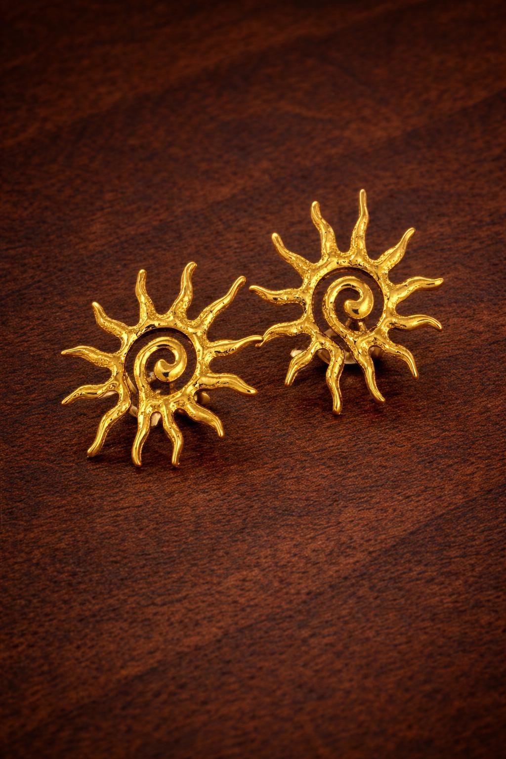 Gold Sun Vortex Stud Earrings, Minimalist Boho Stainless Steel Jewelry