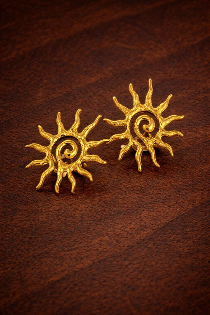 Gold Sun Vortex Stud Earrings, Minimalist Boho Stainless Steel Jewelry